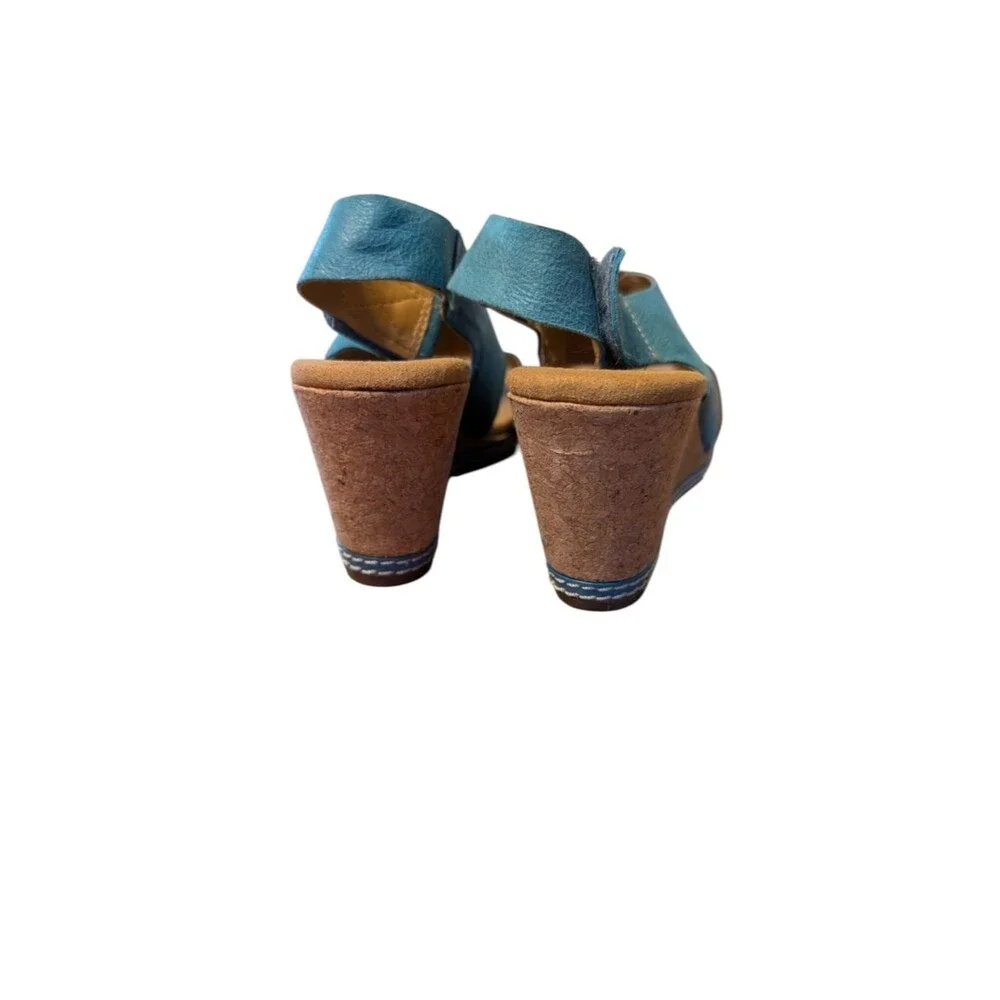 Clarks Helio Float blue leather slingback Cork Wedge Sandals size 6 Comfort